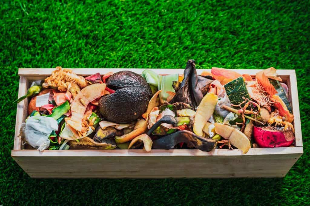 A wooden box filled with assorted food scraps, including avocado pits, vegetable peels, and other kitchen waste, placed on vibrant green grass.
